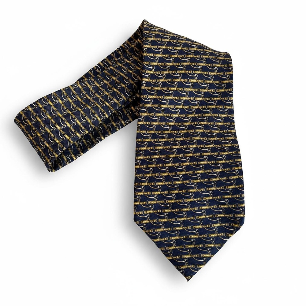intage Paolo Gucci Silk Tie, Navy & Gold Equestrian Print, Italian